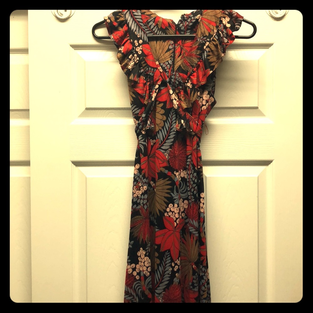 Vintage 70s Polyester Tropical Floral Maxi Dress